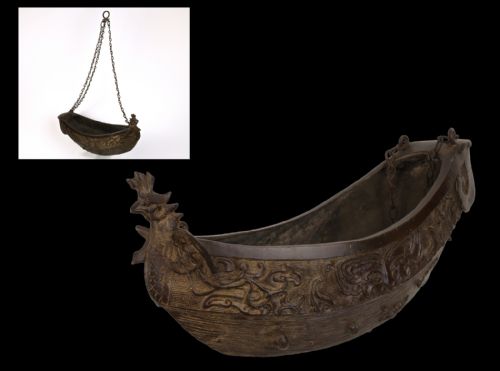 a scarce 19th century japanese meiji period cast bronze suspended 'junk' boat form ikebana vase