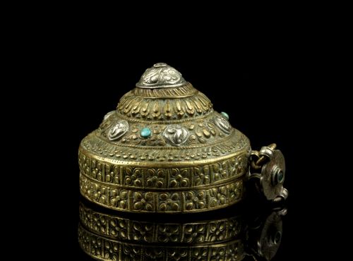 a stone set brass copper silver betel lime box timmi bhutan early 20th century