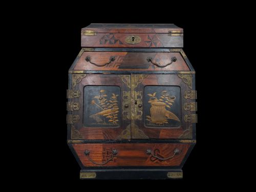 a japanese late meiji period parquetry lacquer miniature cabinet of drawers circa 1890