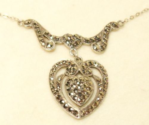 stunning early 20th century silver and marcasite heart shaped necklace - CATEGORY: ANTIQUE JEWELLERY - DATED 1920