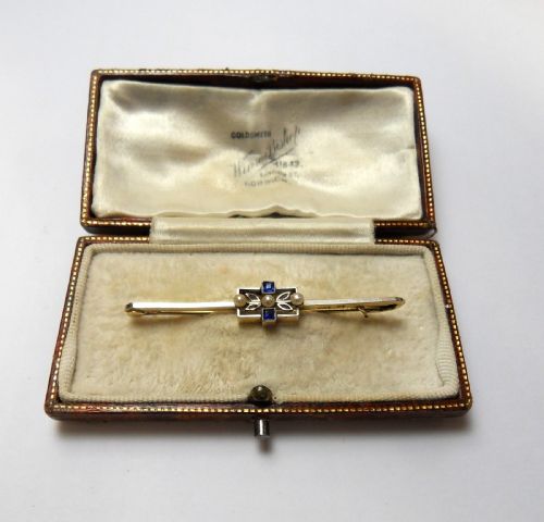 15 CARAT GOLD AND PLATINUM SAPPHIRE AND SEED PEARL BAR BROOCH - ADDITIONAL PHOTO 5