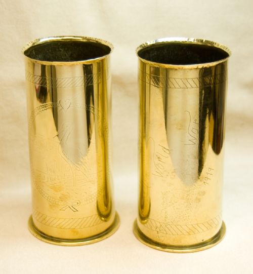 a very fine and interesting pair of world war 1 trench art vases dated 1915 - CATEGORY: ANTIQUE VASES - DATED 1910