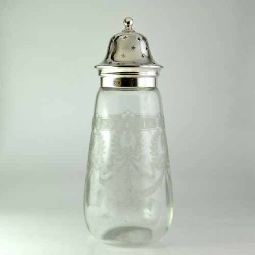 ETCHED GLASS SILVER SUGAR SIFTER LONDON 1922 GEORGE UNITE - ADDITIONAL PHOTO 1