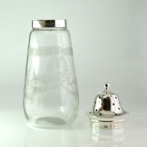 ETCHED GLASS SILVER SUGAR SIFTER LONDON 1922 GEORGE UNITE - ADDITIONAL PHOTO 2