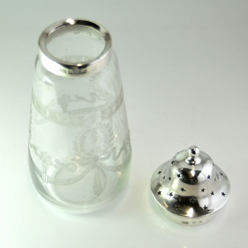 ETCHED GLASS SILVER SUGAR SIFTER LONDON 1922 GEORGE UNITE - ADDITIONAL PHOTO 3