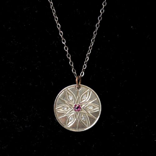 rare ruby diamond set sixpence pendant silver chain - CATEGORY: ANTIQUE JEWELLERY - DATED 1940