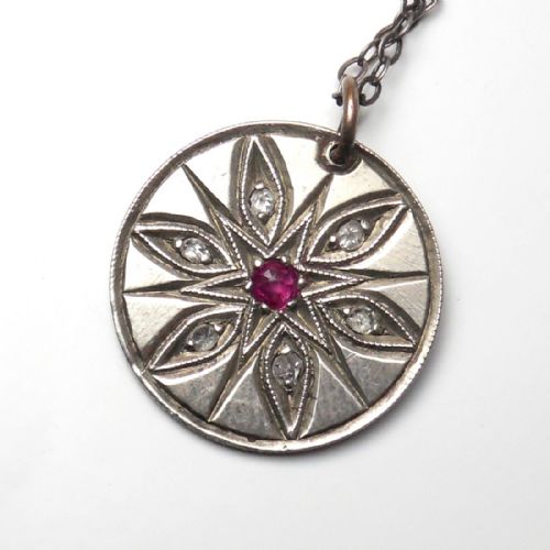 RARE RUBY DIAMOND SET SIXPENCE PENDANT SILVER CHAIN - ADDITIONAL PHOTO 1
