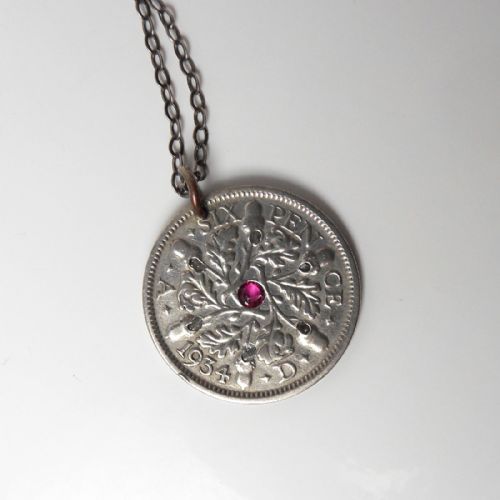 RARE RUBY DIAMOND SET SIXPENCE PENDANT SILVER CHAIN - ADDITIONAL PHOTO 2