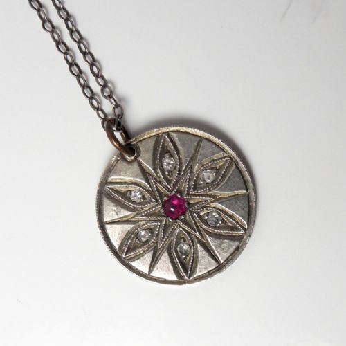 RARE RUBY DIAMOND SET SIXPENCE PENDANT SILVER CHAIN - ADDITIONAL PHOTO 6
