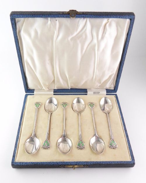 silver enamel art deco spoons - CATEGORY: ANTIQUE SILVER - DATED 1940