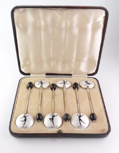 silver enamel 'dancing lady' art deco spoons - CATEGORY: ANTIQUE SILVER - DATED 1940