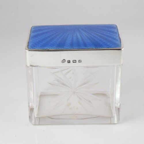 silver blue guilloche enamel glass box birmingham 1933 - CATEGORY: ANTIQUE SILVER - DATED 1940