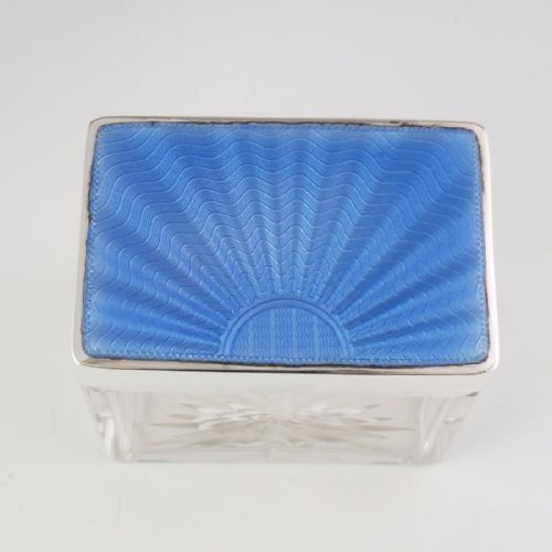 SILVER BLUE GUILLOCHE ENAMEL GLASS BOX BIRMINGHAM 1933 - ADDITIONAL PHOTO 3