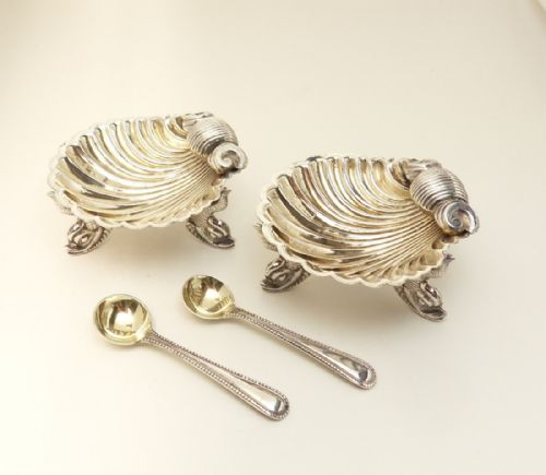 pair shell design dolphin feet silver salts london 1877 - CATEGORY: ANTIQUE SILVER - DATED VICTORIAN