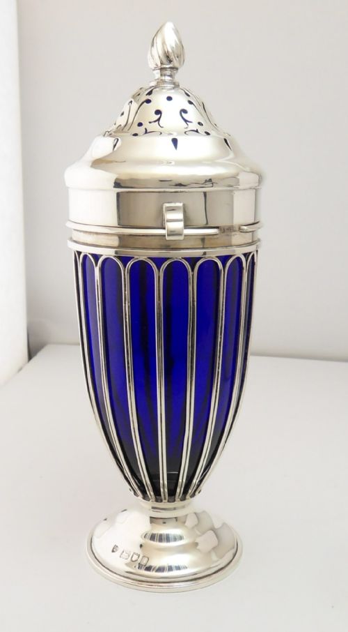 silver blue glass sugar sifter london 1906 for mappin webb - CATEGORY: ANTIQUE SILVER - DATED EDWARDIAN
