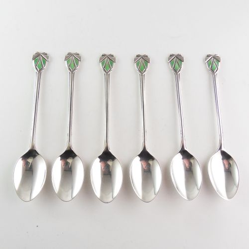 CASED SET 6 SOLID SILVER ENAMELLED SPOONS BIRMINGHAM 1939 - ADDITIONAL PHOTO 4