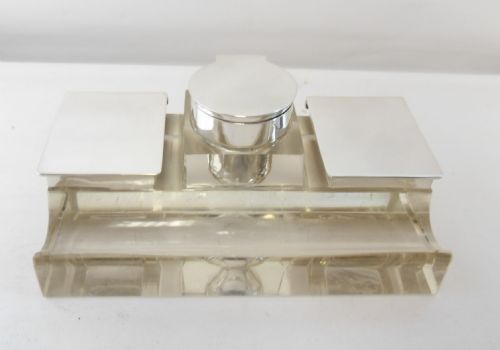 SILVER CUT GLASS WRITING SET INCINKWELLSTAMPPEN HOLDER LONDON 1907 - ADDITIONAL PHOTO 2