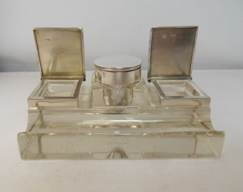 SILVER CUT GLASS WRITING SET INCINKWELLSTAMPPEN HOLDER LONDON 1907 - ADDITIONAL PHOTO 3