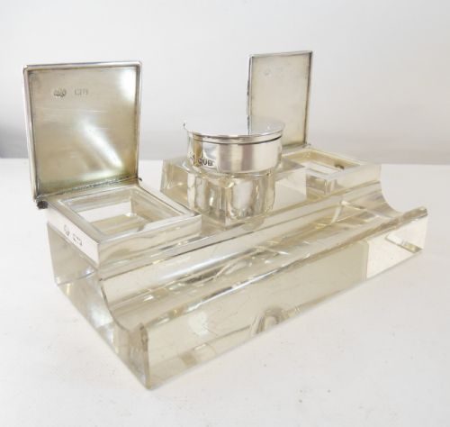 SILVER CUT GLASS WRITING SET INCINKWELLSTAMPPEN HOLDER LONDON 1907 - ADDITIONAL PHOTO 7