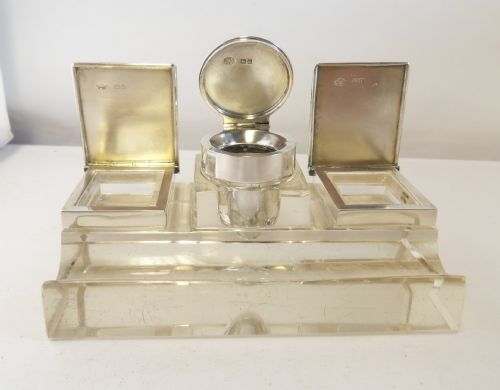 SILVER CUT GLASS WRITING SET INCINKWELLSTAMPPEN HOLDER LONDON 1907 - ADDITIONAL PHOTO 8