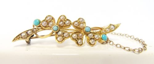 antique turquoise seed pearl clover brooch marked ss18 - CATEGORY: ANTIQUE JEWELLERY - DATED EDWARDIAN