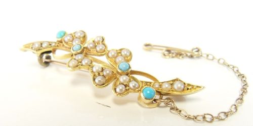 ANTIQUE TURQUOISE SEED PEARL CLOVER BROOCH MARKED SS18 - ADDITIONAL PHOTO 1
