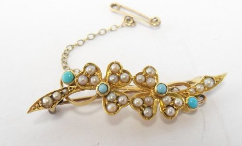 ANTIQUE TURQUOISE SEED PEARL CLOVER BROOCH MARKED SS18 - ADDITIONAL PHOTO 2
