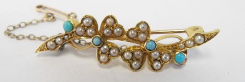 ANTIQUE TURQUOISE SEED PEARL CLOVER BROOCH MARKED SS18 - ADDITIONAL PHOTO 3