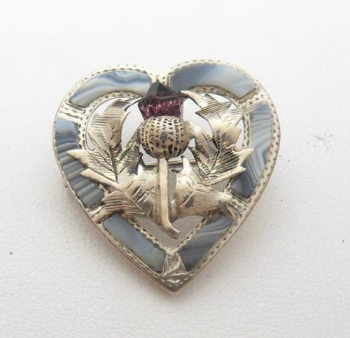 silver agate heart brooch birmingham 1908 - CATEGORY: ANTIQUE JEWELLERY - DATED EDWARDIAN