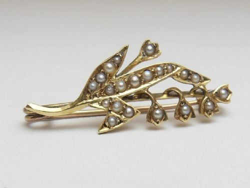 15ct gold edwardian lily of the valley seed pearl brooch - CATEGORY: ANTIQUE JEWELLERY - DATED EDWARDIAN