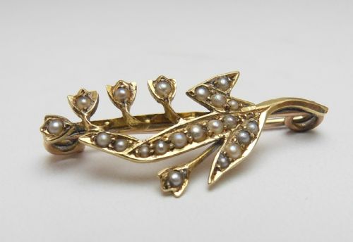 15CT GOLD EDWARDIAN LILY OF THE VALLEY SEED PEARL BROOCH - ADDITIONAL PHOTO 1