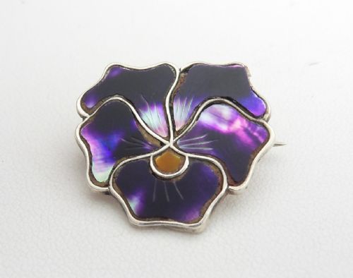 SILVER IRIDESCENT PURPLE PANSY BROOCH BIRMINGHAM 1912 - ADDITIONAL PHOTO 1