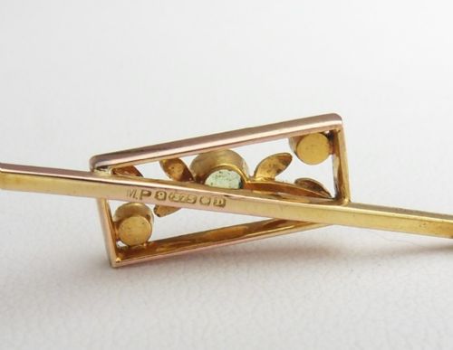 9CT GOLD PERIDOT SEED PEARL BROOCH BIRMINGHAM 1928 - ADDITIONAL PHOTO 6