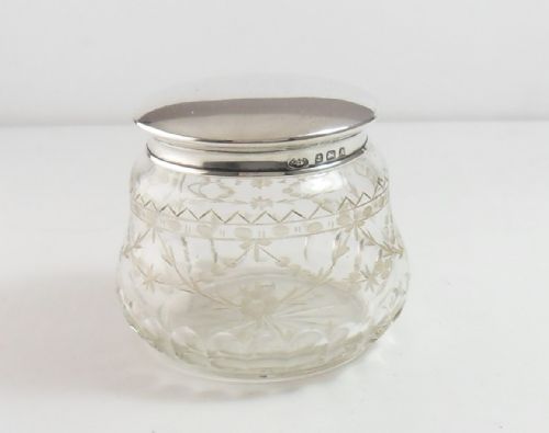 SUBERBLY CUT ETCHED SILVER LIDDED GLASS JAR BIRMINGHAM 1925 - ADDITIONAL PHOTO 1
