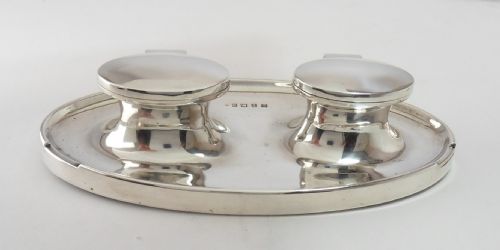 SUPERB STYLISH SILVER DOUBLE INKWELL BIRMINGHAM 1930 - ADDITIONAL PHOTO 2