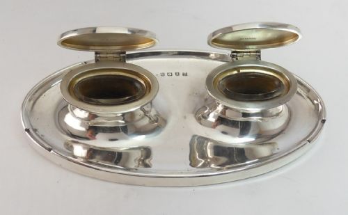SUPERB STYLISH SILVER DOUBLE INKWELL BIRMINGHAM 1930 - ADDITIONAL PHOTO 3