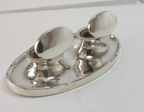 SUPERB STYLISH SILVER DOUBLE INKWELL BIRMINGHAM 1930 - ADDITIONAL PHOTO 5