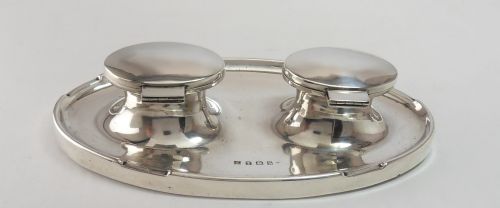 SUPERB STYLISH SILVER DOUBLE INKWELL BIRMINGHAM 1930 - ADDITIONAL PHOTO 6
