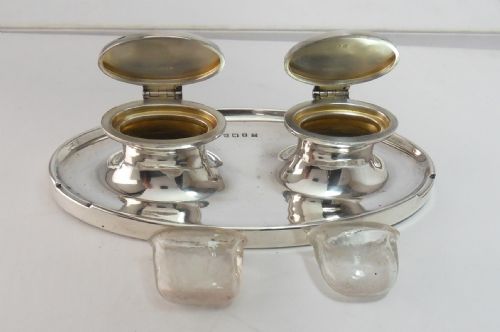 SUPERB STYLISH SILVER DOUBLE INKWELL BIRMINGHAM 1930 - ADDITIONAL PHOTO 8
