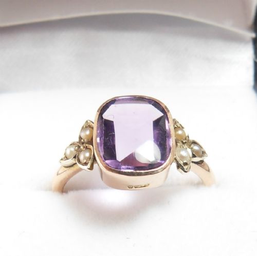 9ct gold amethyst seed pearl ring birmingham 1917 - CATEGORY: ANTIQUE JEWELLERY - DATED 1920