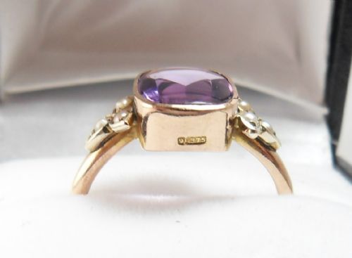 9CT GOLD AMETHYST SEED PEARL RING BIRMINGHAM 1917 - ADDITIONAL PHOTO 1
