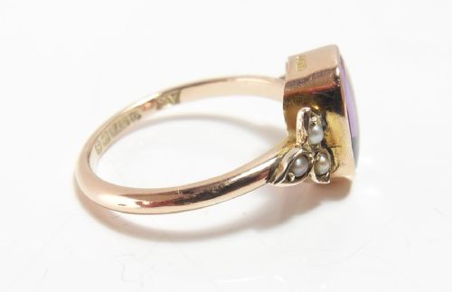 9CT GOLD AMETHYST SEED PEARL RING BIRMINGHAM 1917 - ADDITIONAL PHOTO 3
