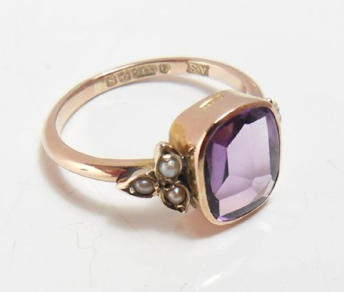 9CT GOLD AMETHYST SEED PEARL RING BIRMINGHAM 1917 - ADDITIONAL PHOTO 6