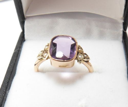 9CT GOLD AMETHYST SEED PEARL RING BIRMINGHAM 1917 - ADDITIONAL PHOTO 9