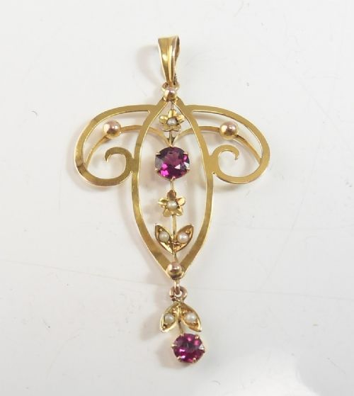 edwardian 9ct gold lavaliere pendant pink tourmaline seed pearls - CATEGORY: ANTIQUE JEWELLERY - DATED 1910