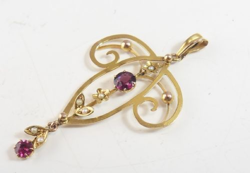 EDWARDIAN 9CT GOLD LAVALIERE PENDANT PINK TOURMALINE SEED PEARLS - ADDITIONAL PHOTO 1