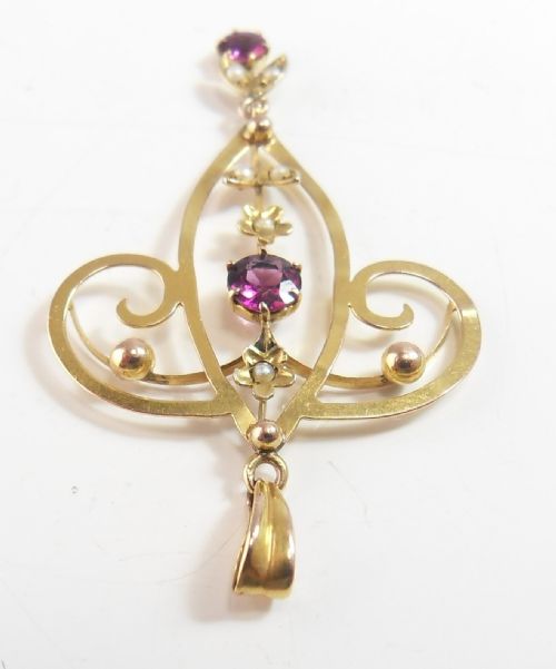 EDWARDIAN 9CT GOLD LAVALIERE PENDANT PINK TOURMALINE SEED PEARLS - ADDITIONAL PHOTO 2