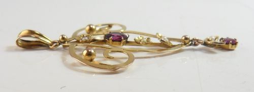 EDWARDIAN 9CT GOLD LAVALIERE PENDANT PINK TOURMALINE SEED PEARLS - ADDITIONAL PHOTO 3