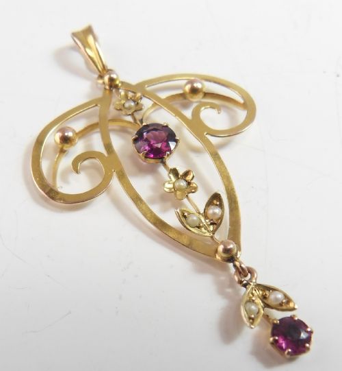 EDWARDIAN 9CT GOLD LAVALIERE PENDANT PINK TOURMALINE SEED PEARLS - ADDITIONAL PHOTO 4