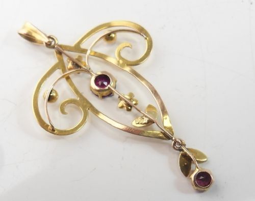 EDWARDIAN 9CT GOLD LAVALIERE PENDANT PINK TOURMALINE SEED PEARLS - ADDITIONAL PHOTO 5